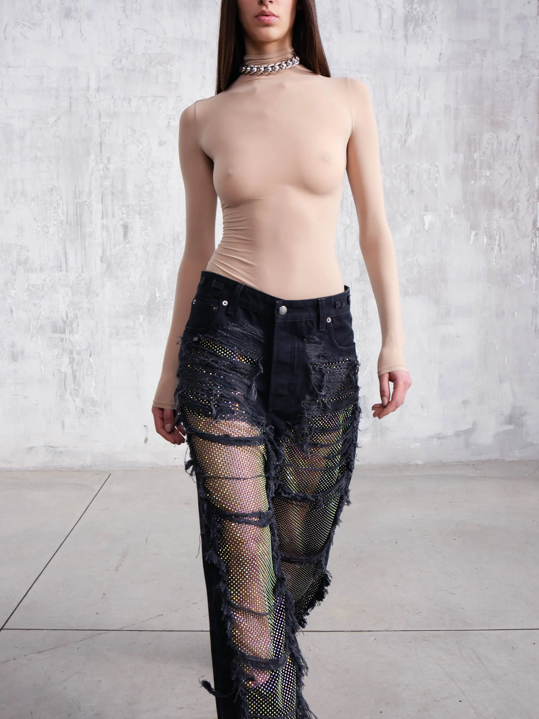 KAREN - CRYSTAL PANEL SHREDDED PANTS