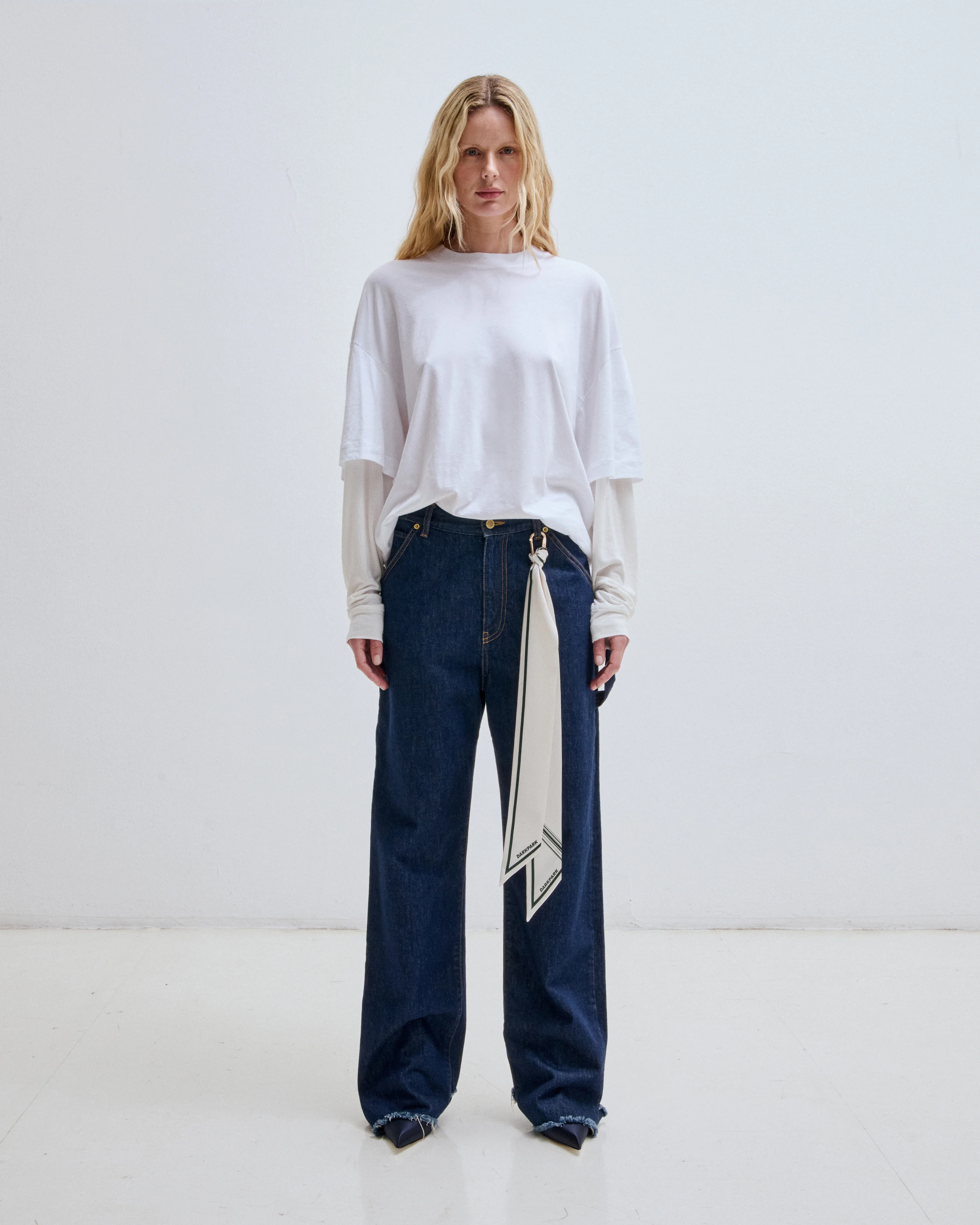 LISA - SILK SCARF ADORNED LOOSE FIT CARPENTER RAW DENIM