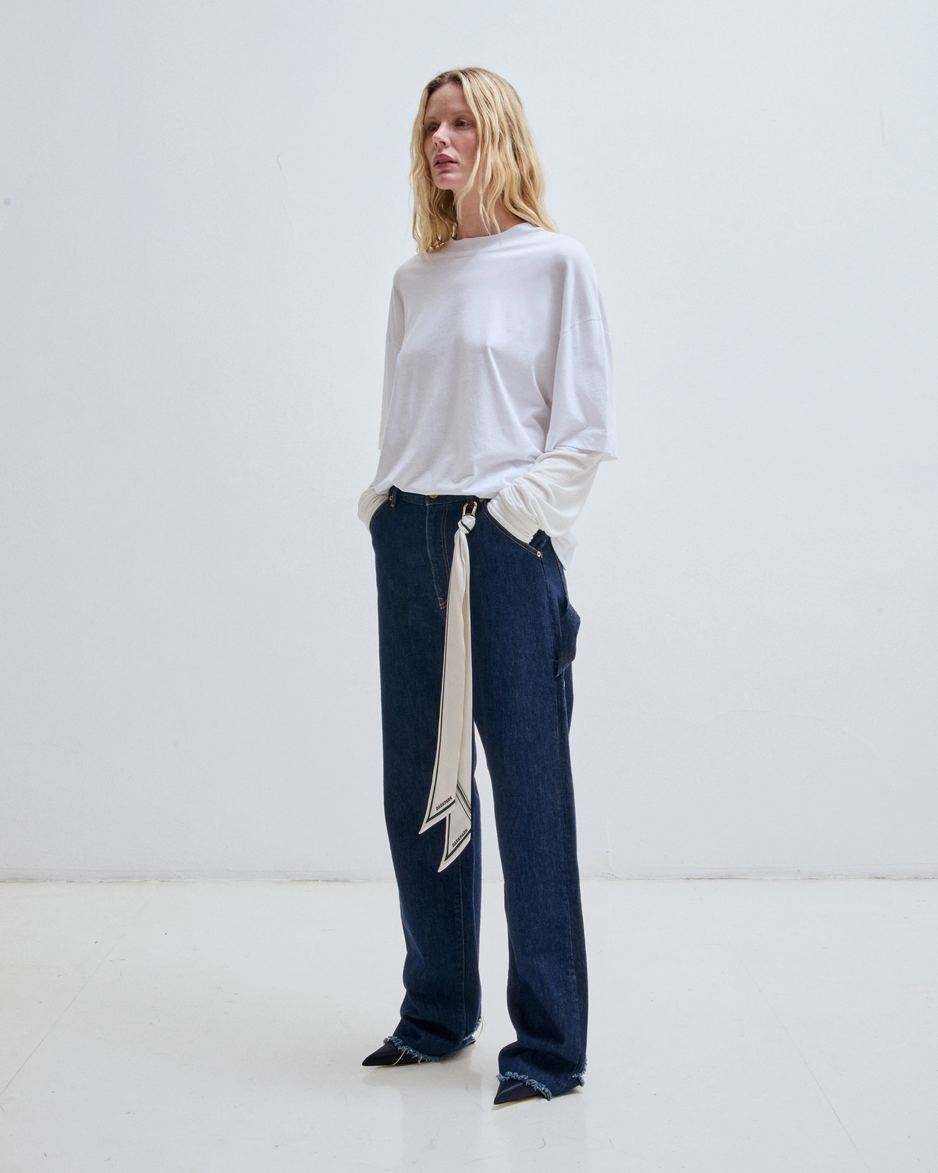 LISA - SILK SCARF ADORNED LOOSE FIT CARPENTER RAW DENIM - Image 2