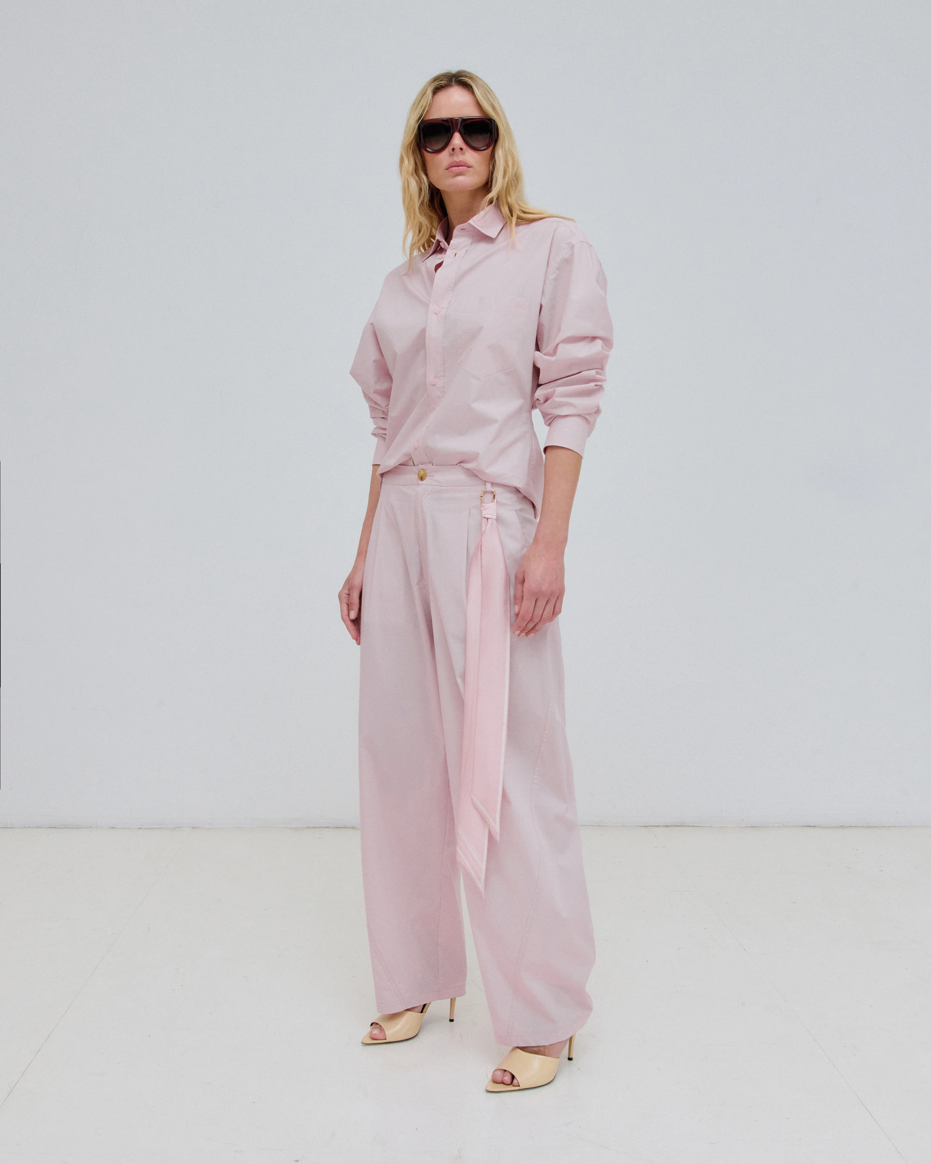 PHEBE - SILK SCARF ADORNED LIGHT COTTON POPELINE WIDE-LEG PANTS