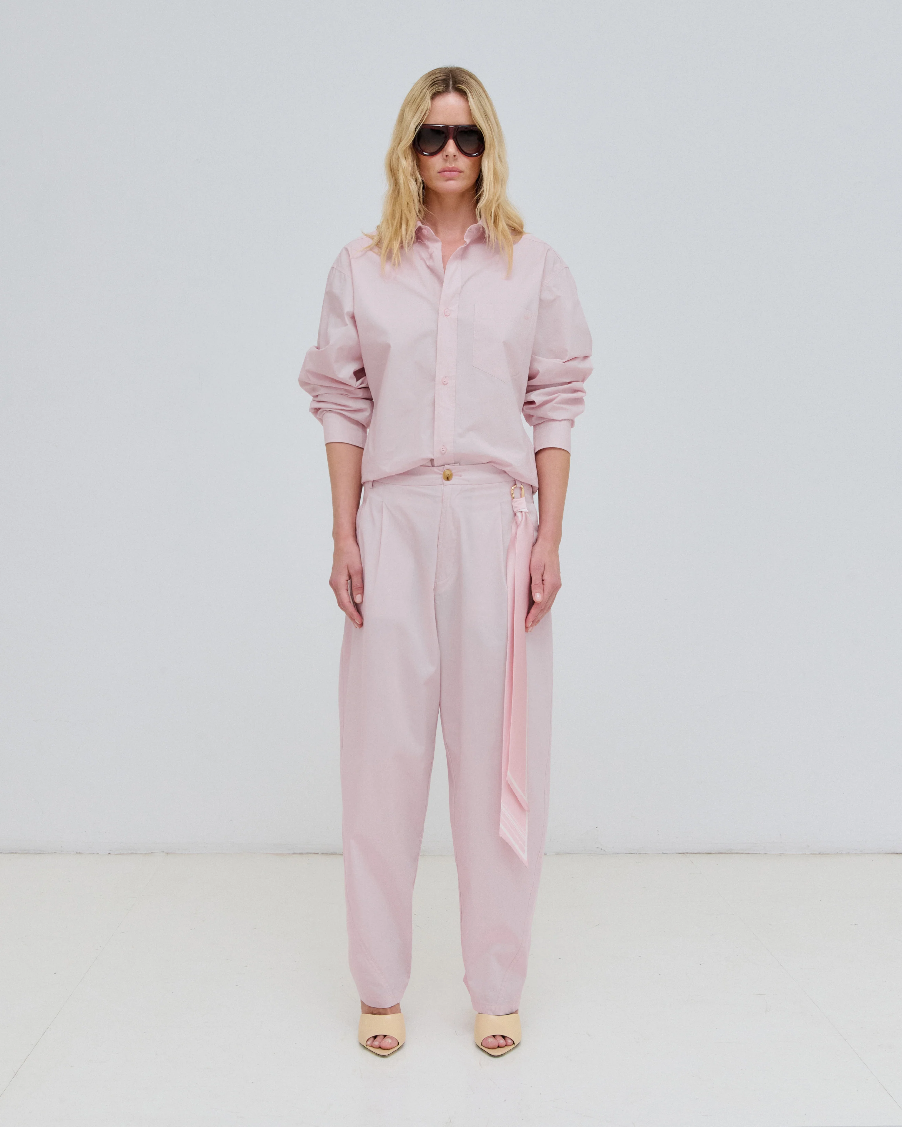 PHEBE - SILK SCARF ADORNED LIGHT COTTON POPELINE WIDE-LEG PANTS - Image 2