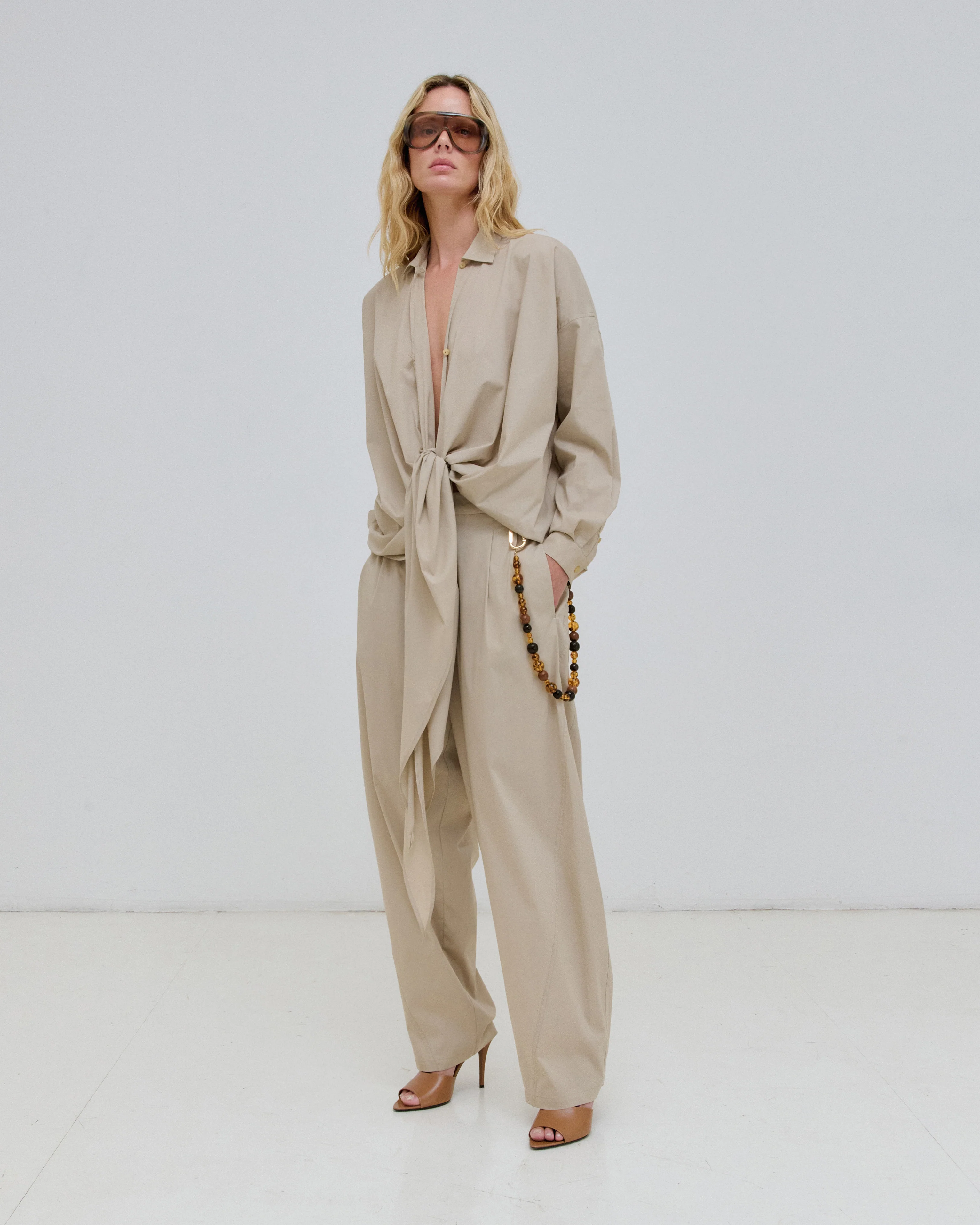 PHEBE - CHAIN ADORNED LIGHT COTTON POPELINE WIDE-LEG PANTS